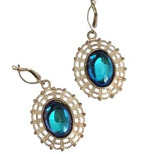 Artisan ornate antiqued silver and iridescent blue earrings